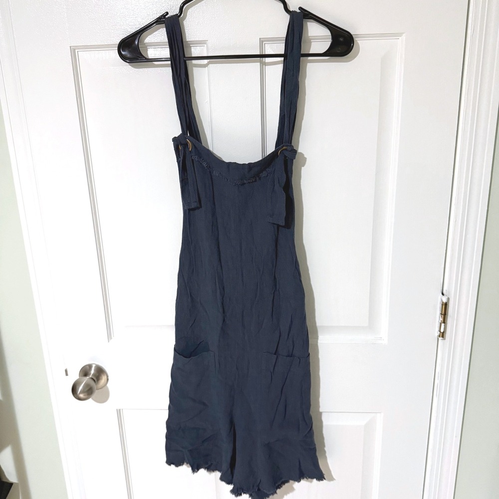 Natural Life Navy Blue Linen Blend Frayed Hem Overall Romper Womens Size M